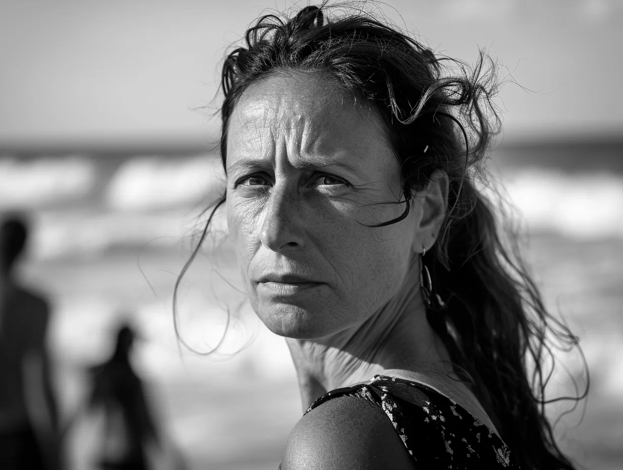 Schwarzweißes Porträt einer Frau am Strand.