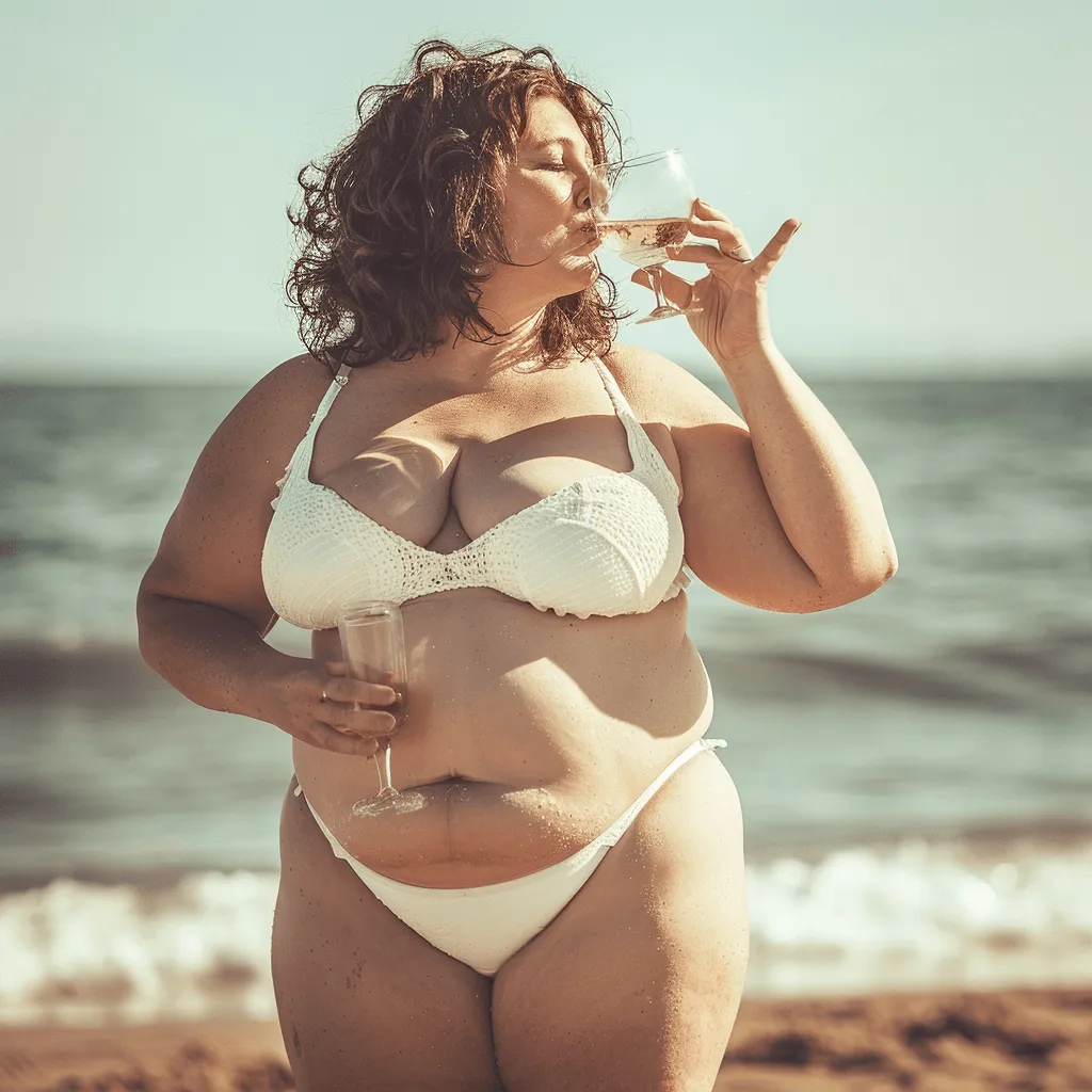Frau im weißen Bikini am Strand, ein Glas in der Hand.