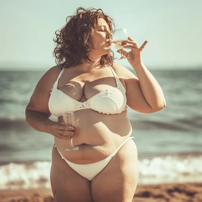 Frau im weißen Bikini am Strand, ein Glas in der Hand.