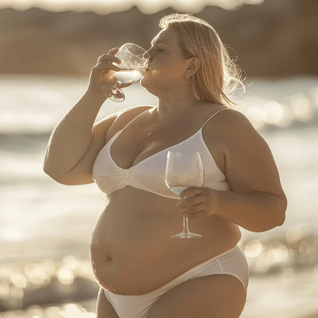 Frau im weißen Bikini trinkt aus einem Glas am Strand.