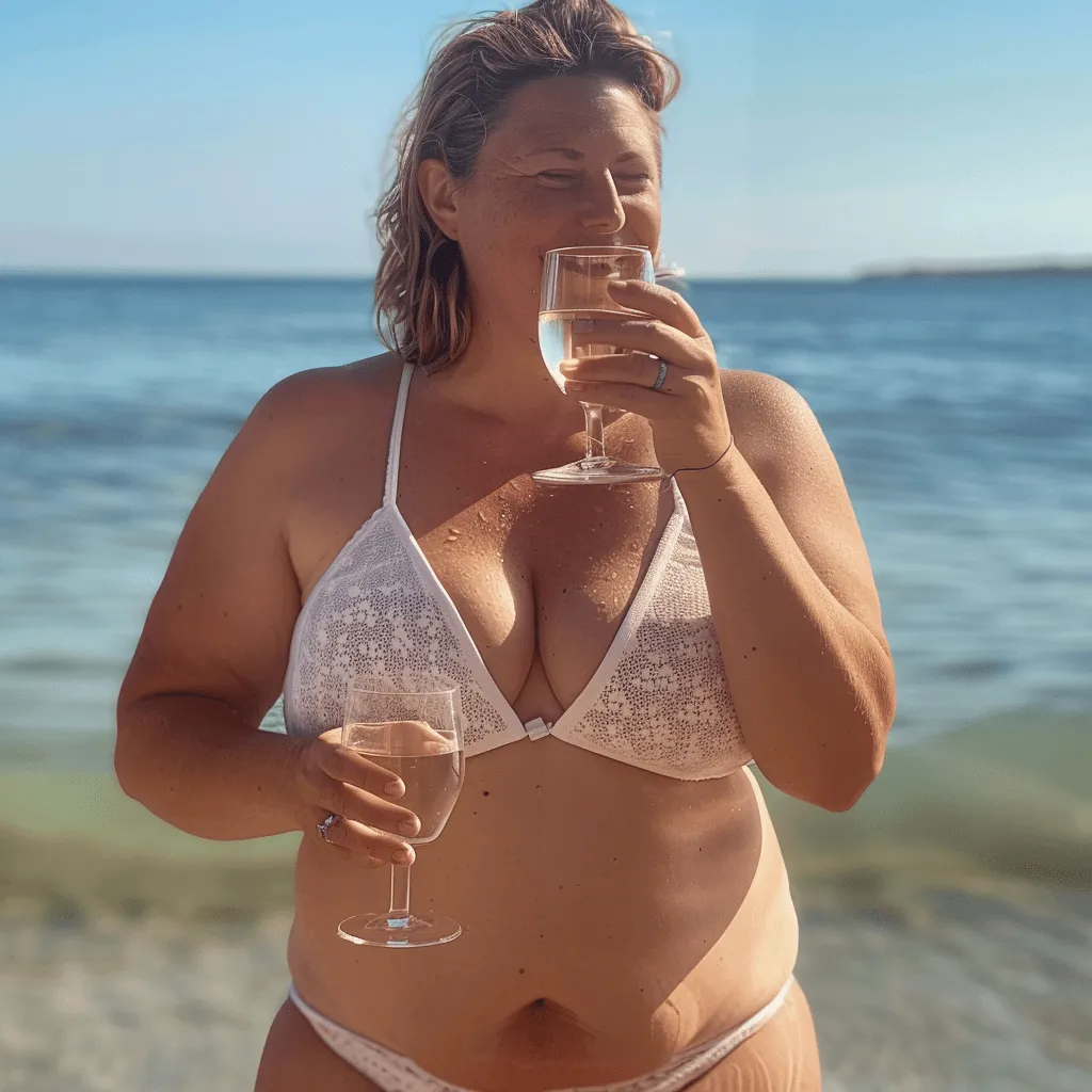 Frau im weißen Bikini mit einem Glas am Strand.