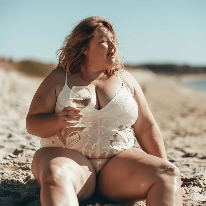 Frau im weißen Kleid sitzt mit einem Glas im Sand.