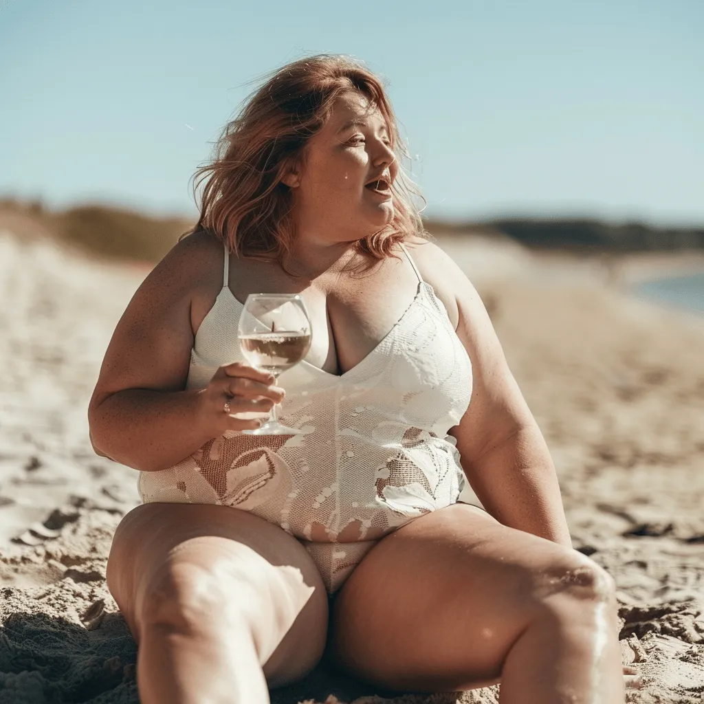 Frau im weißen Kleid sitzt mit einem Glas im Sand.
