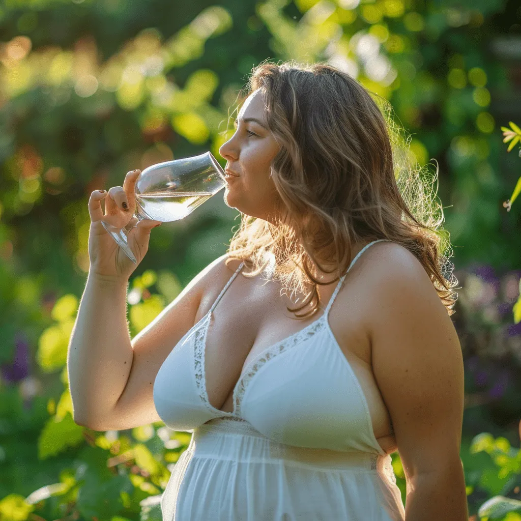 Frau im weißen Kleid trinkt aus einem Glas im Grünen.