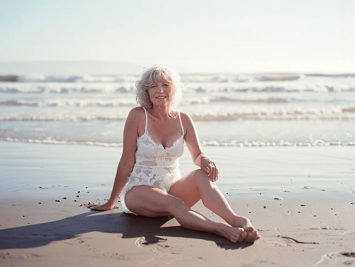 Frau im weißen Kleid sitzt am Strand.