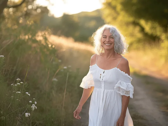 Frau mit weißen Haaren im weißen Kleid auf einem Feldweg.