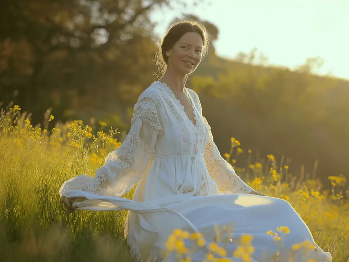Frau im weißen Kleid im goldenen Abendlicht auf einer Wiese.
