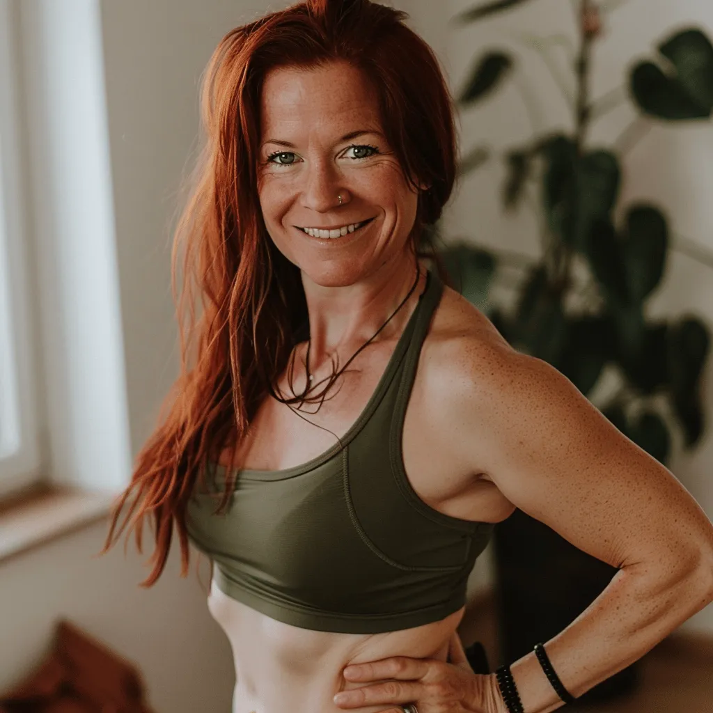 Frau mit langen roten Haaren und grünem Sporttop, Hand an der Hüfte.