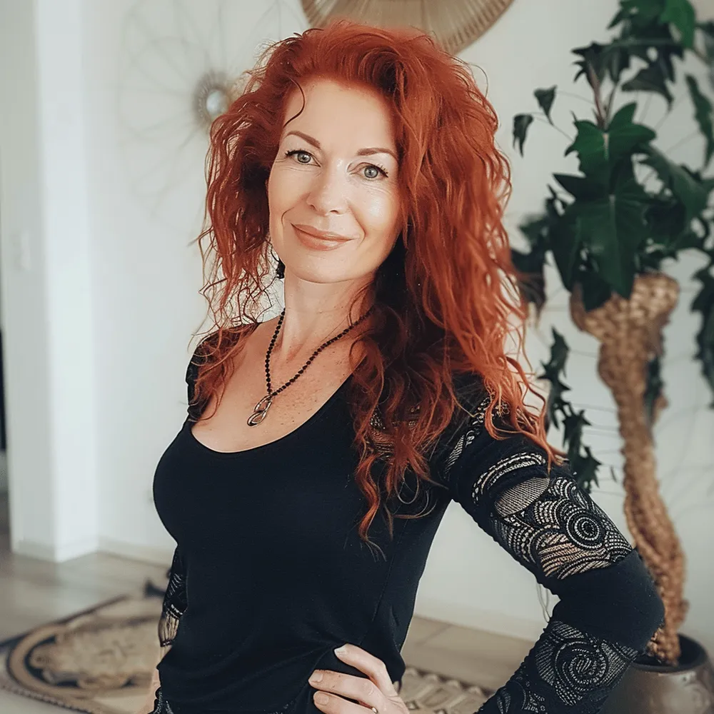 Frau mit voluminösen roten Haaren in einem schwarzen Oberteil, Hand an der Hüfte.