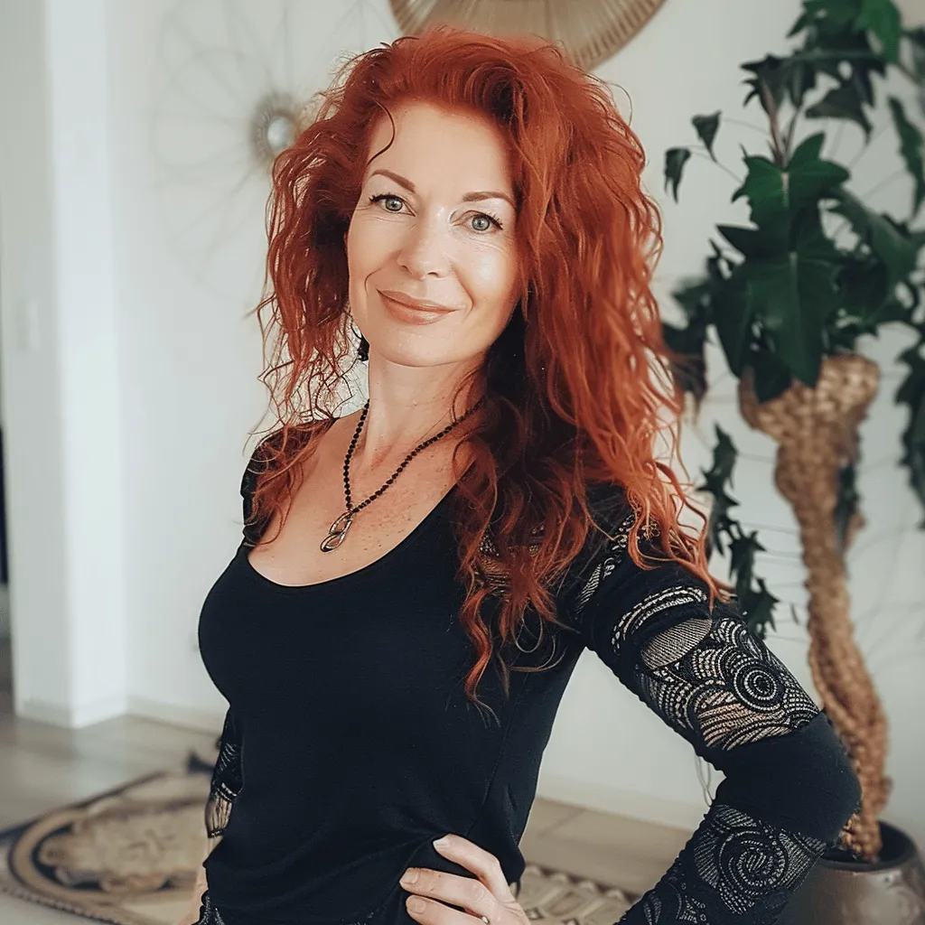 Frau mit voluminösen roten Haaren in einem schwarzen Oberteil, Hand an der Hüfte.