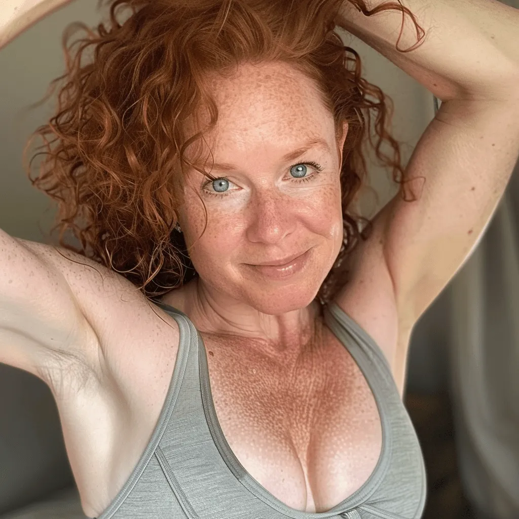 Nahaufnahme einer Frau mit roten Locken und Sommersprossen, Arme erhoben.