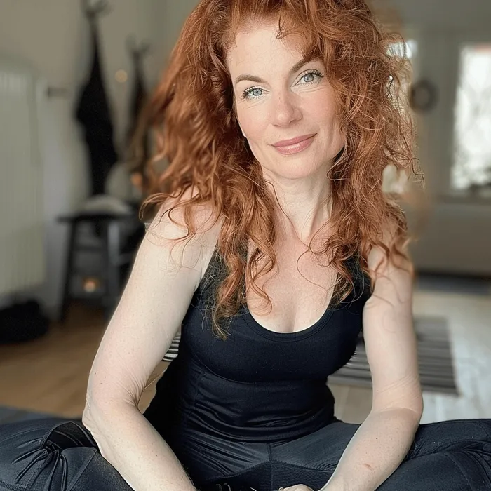 Frau mit roten Locken sitzt im schwarzen Top auf dem Boden.