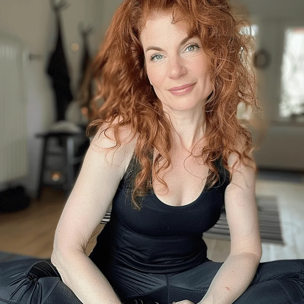 Frau mit roten Locken sitzt im schwarzen Top auf dem Boden.