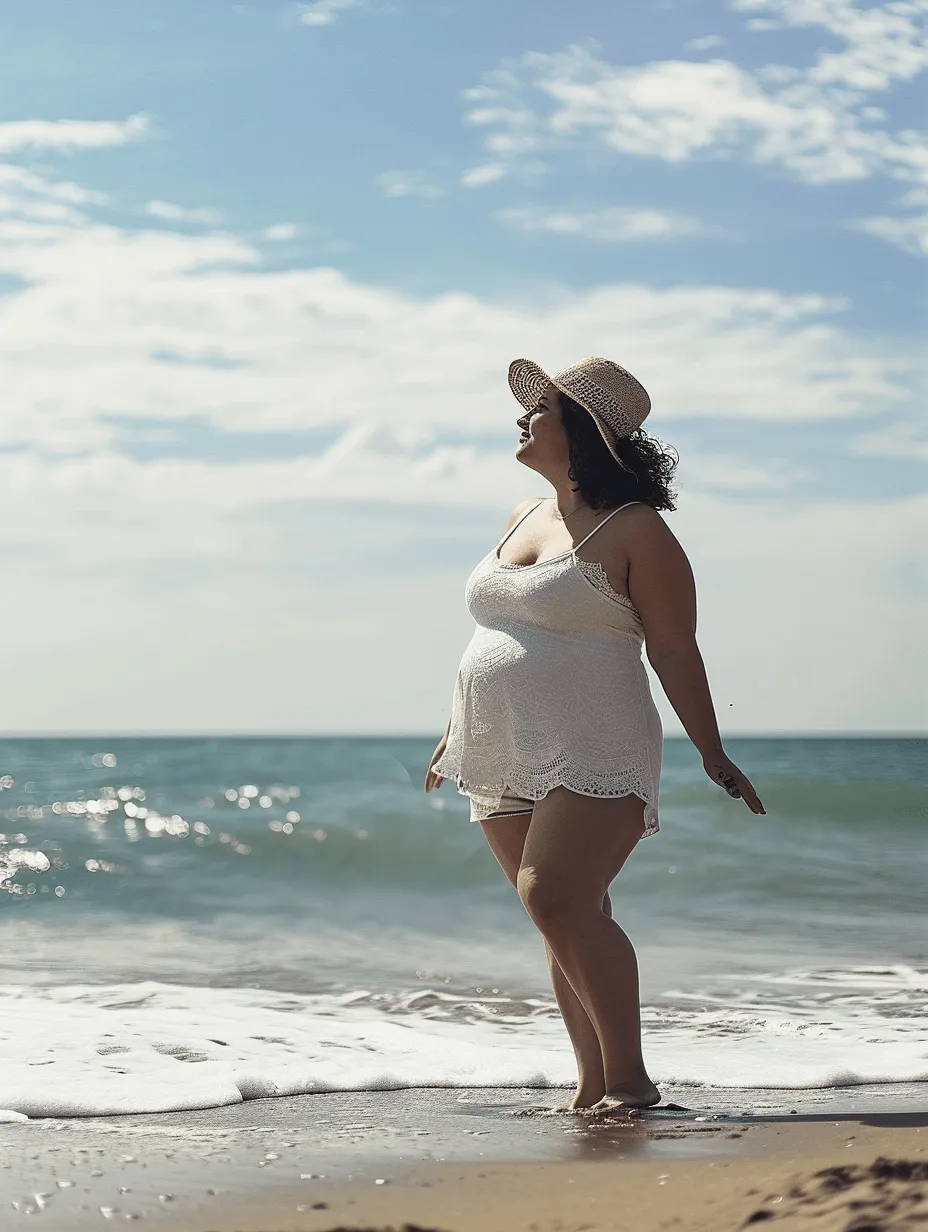 Frau mit Hut im hellen Kleid am Strand.