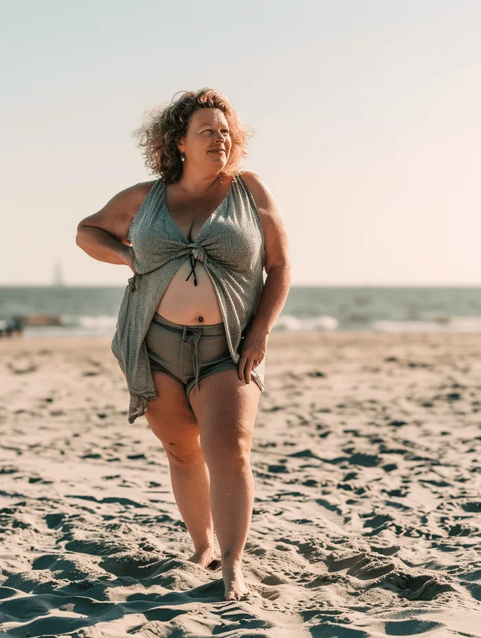Frau im grauen Bikini am Strand.