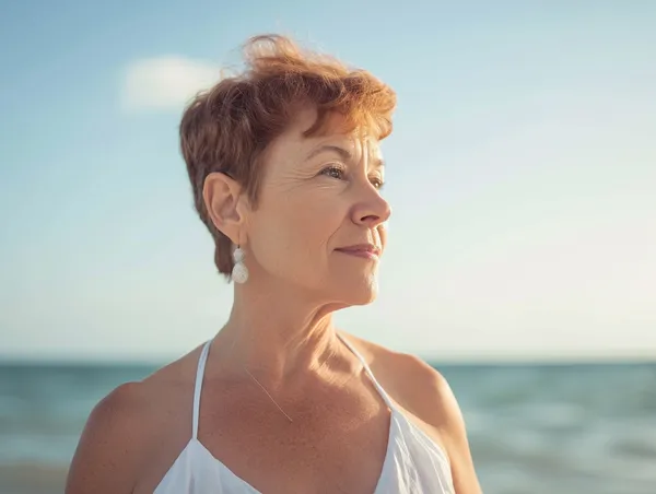Porträt einer Frau mit kurzen braunen Haaren am Meer.