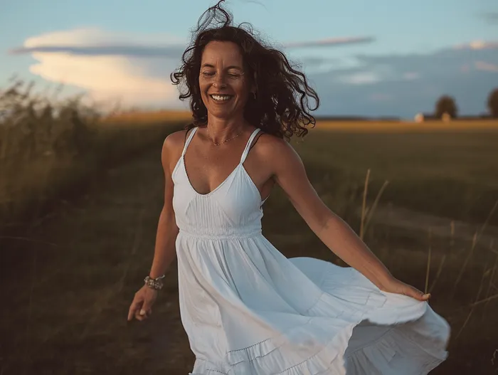 Frau im weißen Kleid lacht und hält ihren Rock im Wind, auf einem Feld.