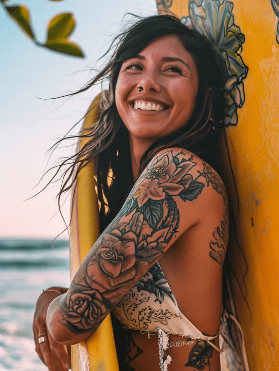 Frau mit Tattoos lacht mit einem Surfbrett am Strand.