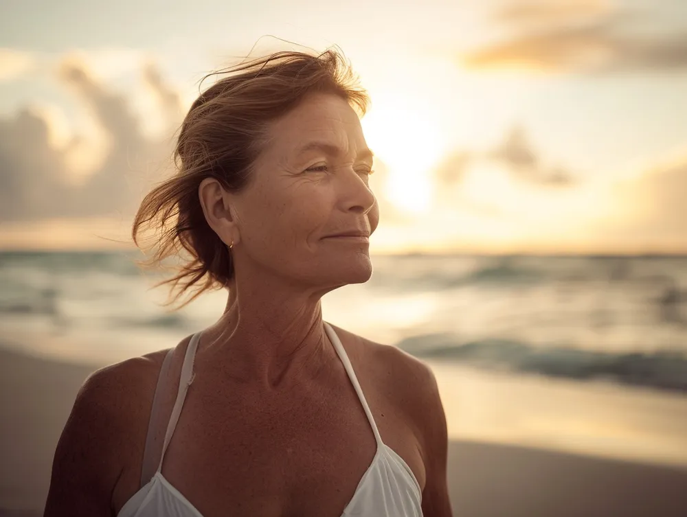 Frau im weißen Top im Gegenlicht am Strand.