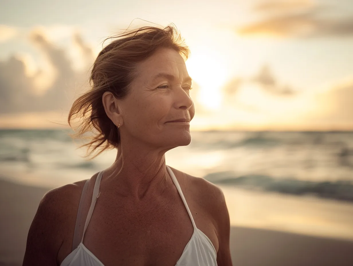 Frau im weißen Top im Gegenlicht am Strand.